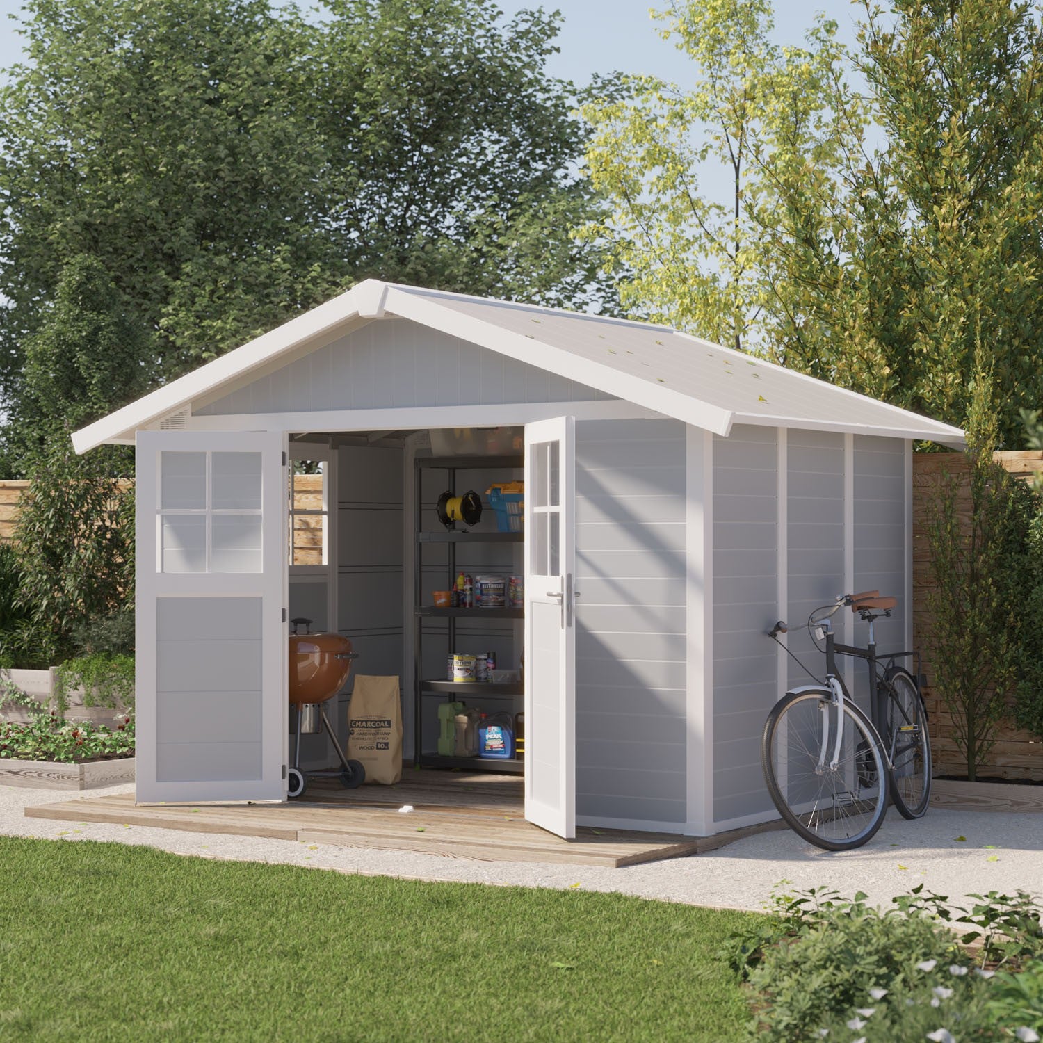 Abri de jardin 7,5 m² gris clair Déco