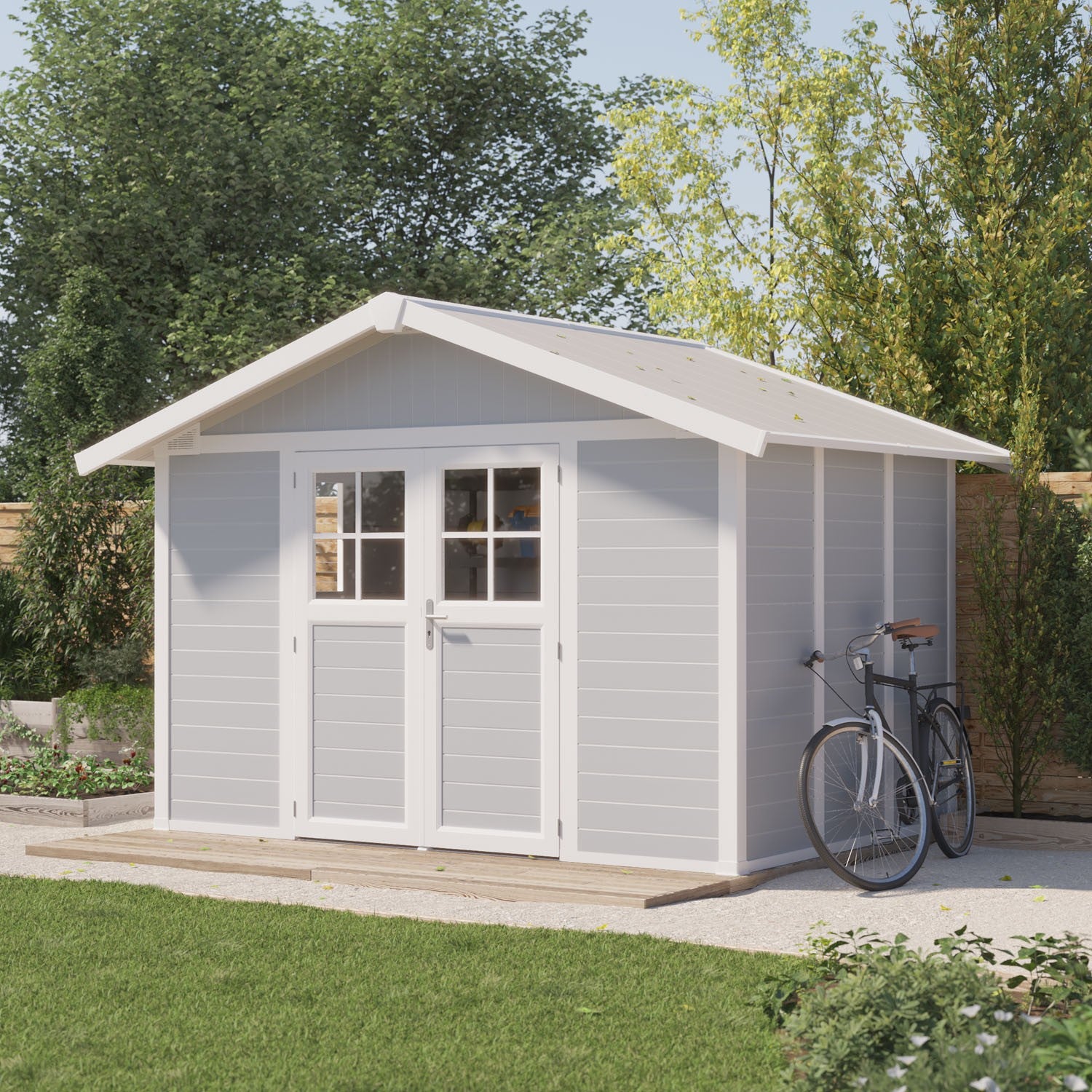 Abri de jardin 7,5 m² gris clair Déco