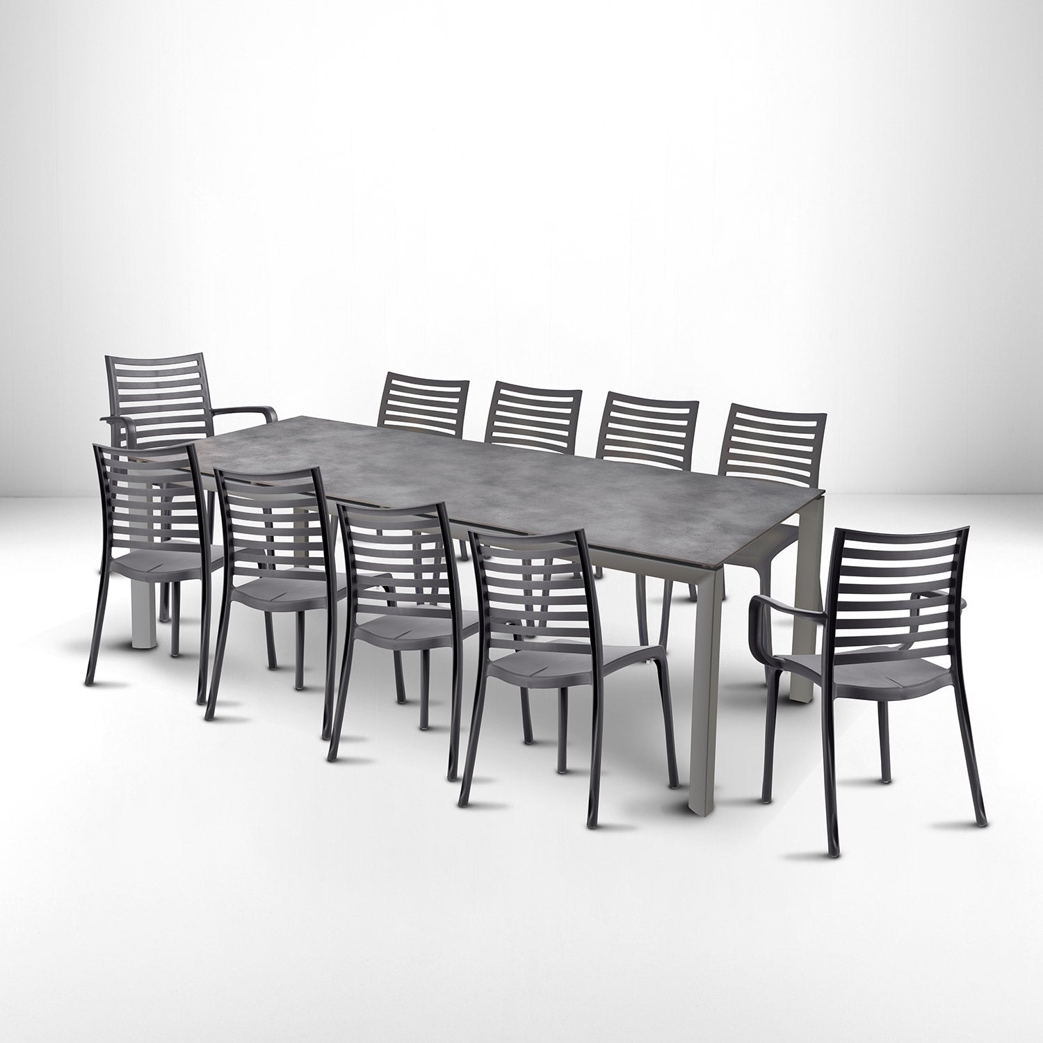 Lot table Greggia 220 x 95 cm + 8 chaises + 2 fauteuils Sunday