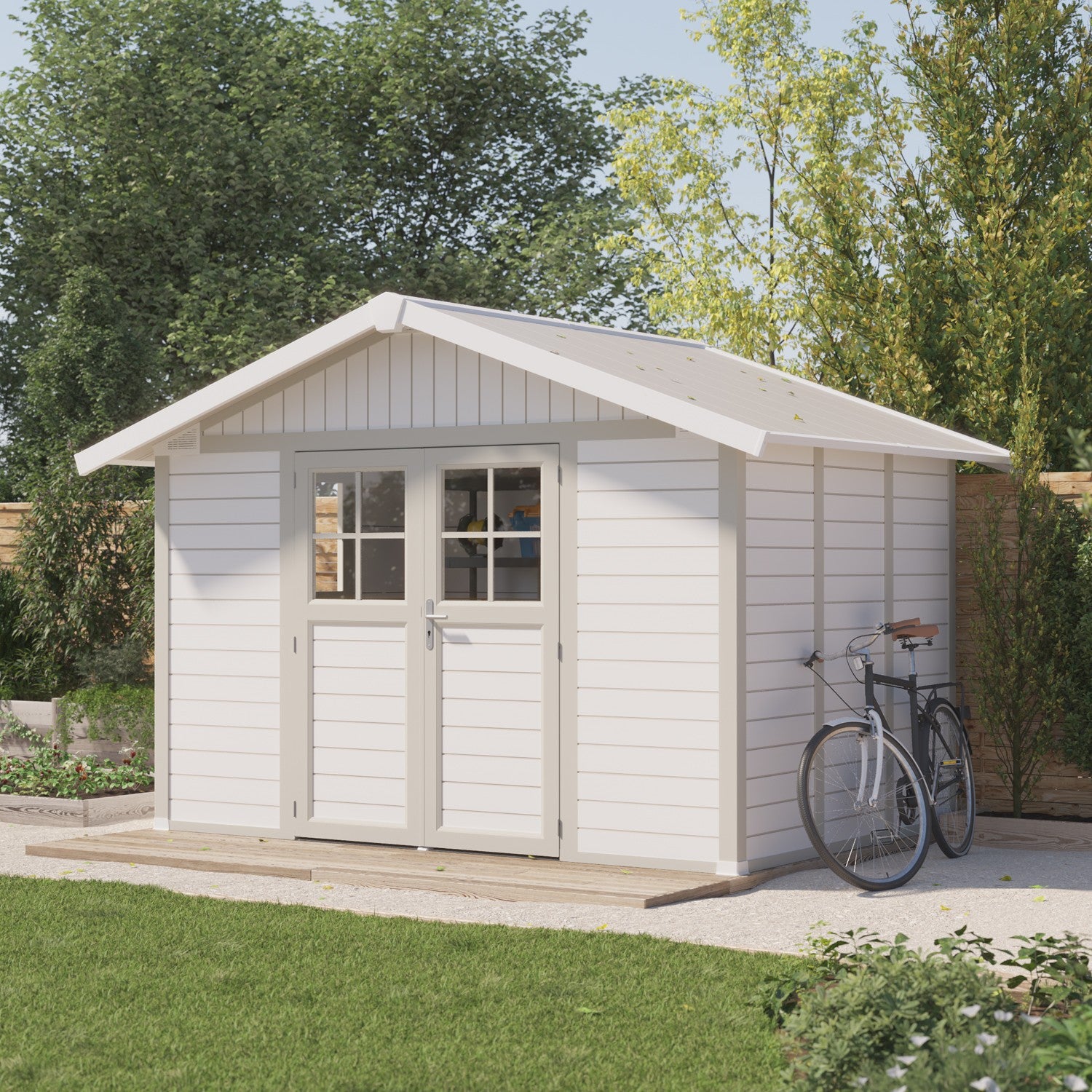 Gartenhaus 7,5 m² weiß - grau-grün Dekorativ