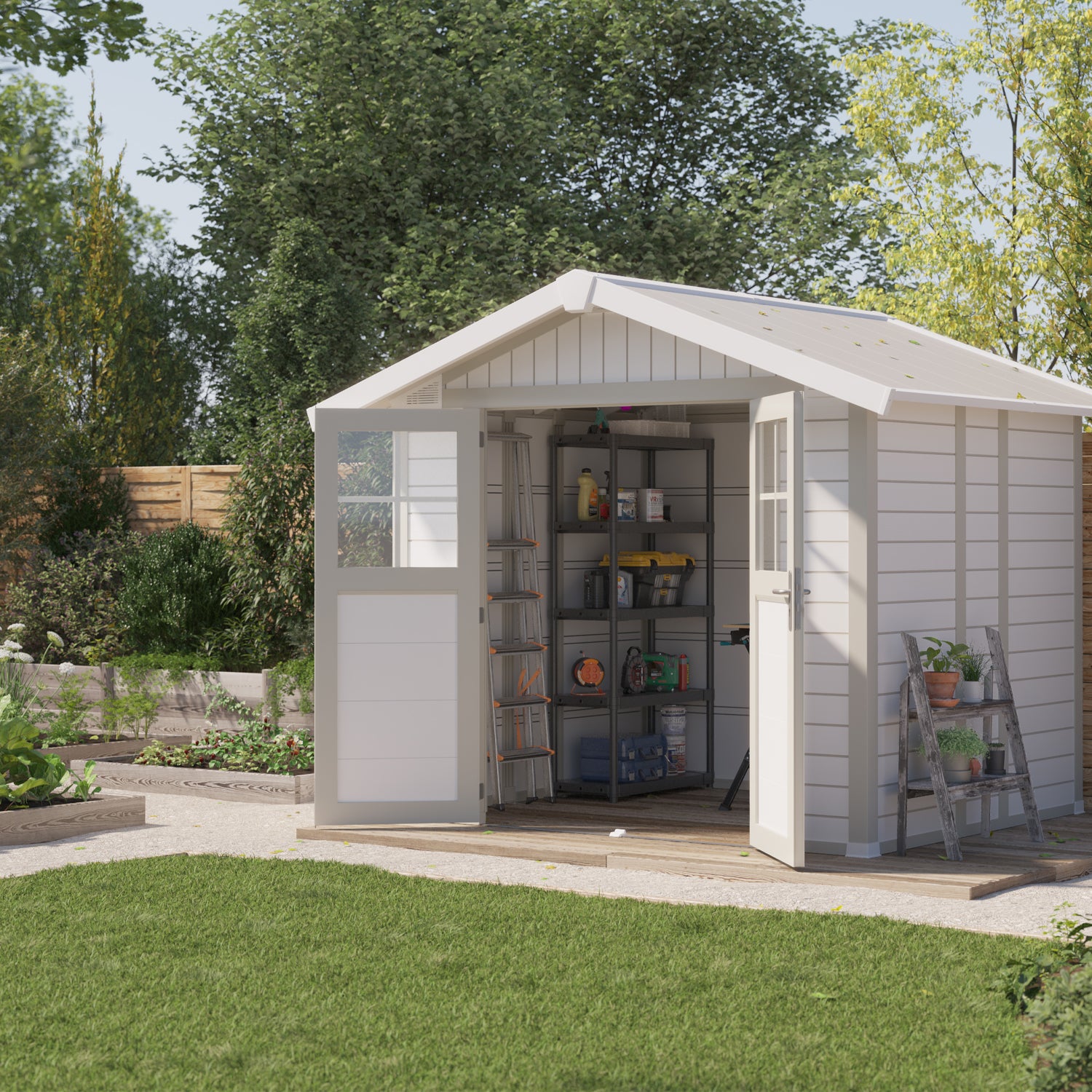 Gartenhaus 4,9 m² weiß - grau-grün Dekoration