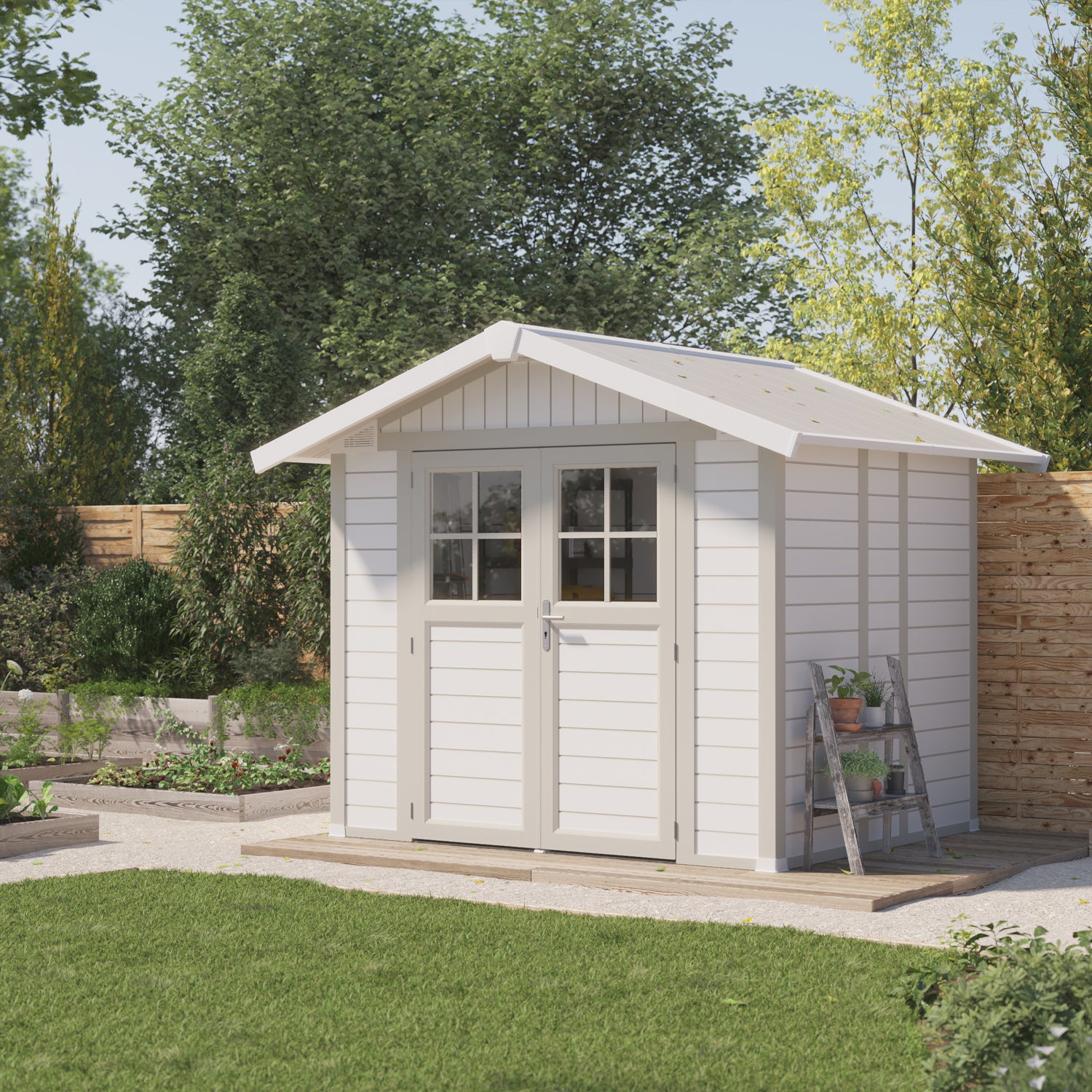 Gartenhaus 4,9 m² weiß - grau-grün Dekoration